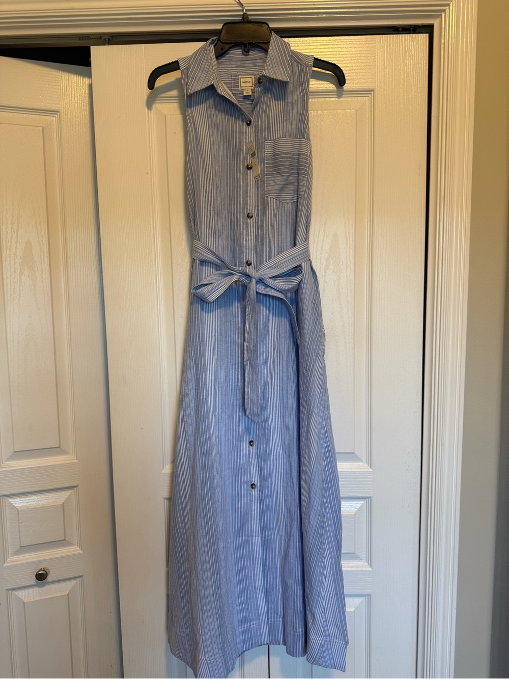 Maeve Blue and White Striped Sleeveless Maxi Shirt Dress